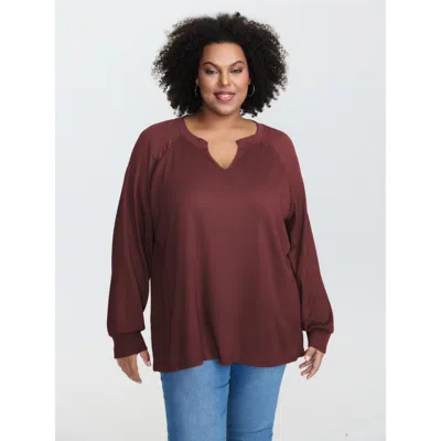 Bloomchic Women's Plus Size Waffle Grid Notched Collar Lace Sweatshirt Deepred Not Graphics Casual V-notch Nec In Red