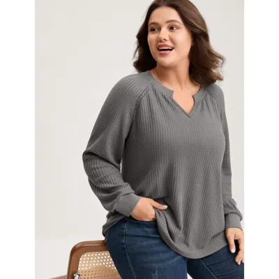 Bloomchic Women's Plus Size Waffle Grid Notched Collar Lace Sweatshirt Dimgray Not Graphics Casual V-notch Nec