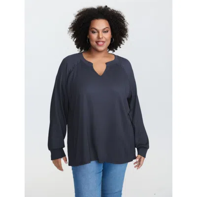 Bloomchic Women's Plus Size Waffle Grid Notched Collar Lace Sweatshirt Indigo Not Graphics Casual V-notch Neck In Purple