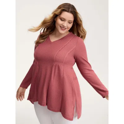Bloomchic Women's Plus Size Waffle Grid Side Slit Flared T-shirt Russet Non Casual Long Sleeve 10/m In Brown