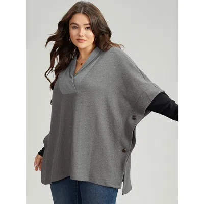 Bloomchic Women's Plus Size Waffle Knit Batwing Sleeve Lapel Collar Sweatshirt Gray Plain Dailywear 14-16/1x