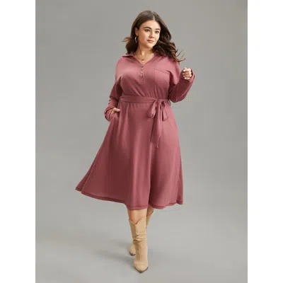 Bloomchic Women's Plus Size Waffle Knit Belted Lapel Collar Pocket Dress Rouge Dailywear Waffle Knit 14-16/1x In Red