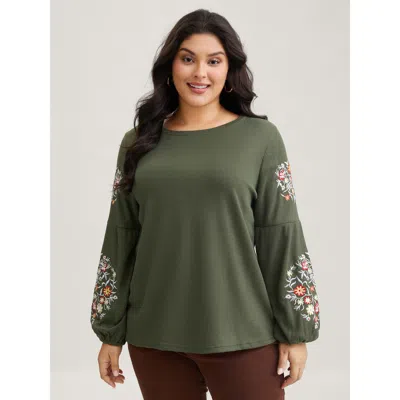 Bloomchic Women's Plus Size Waffle Knit Floral Embroidered Lantern Sleeve T-shirt Armygreen Floral Casual Long