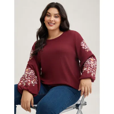 Bloomchic Women's Plus Size Waffle Knit Floral Embroidered Lantern Sleeve T-shirt Burgundy Floral Casual Long 