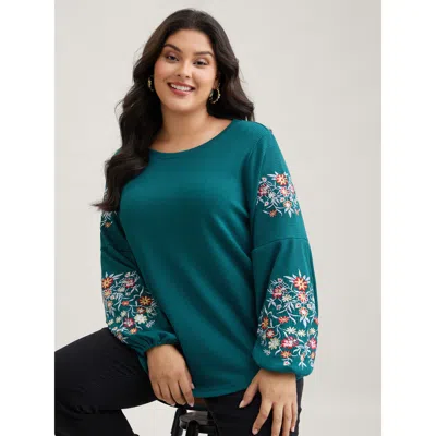 Bloomchic Women's Plus Size Waffle Knit Floral Embroidered Lantern Sleeve T-shirt Cyan Floral Casual Long Slee In Blue