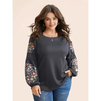 Bloomchic Women's Plus Size Waffle Knit Floral Embroidered Lantern Sleeve T-shirt Dimgray Floral Casual Long S