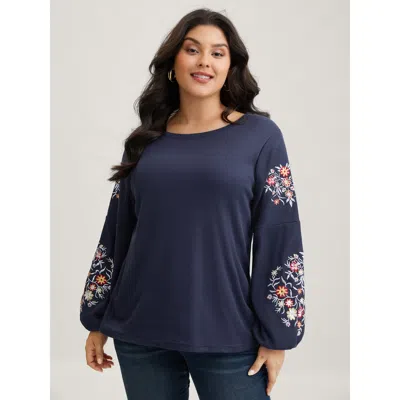 Bloomchic Women's Plus Size Waffle Knit Floral Embroidered Lantern Sleeve T-shirt Indigo Floral Casual Long Sl In Purple