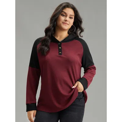 Bloomchic Women's Plus Size Waffle Knit Hooded Button Up Sweatshirt Burgundy Plain Dailywear 12/l