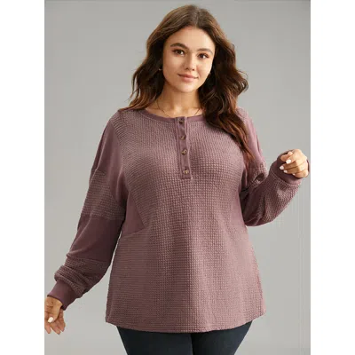 Bloomchic Women's Plus Size Waffle Knit Patchwork Rib Knit Button Down Sweatshirt Dustypink Plain Dailywear 22 In Pink