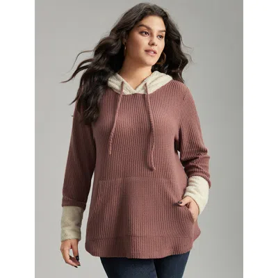 Bloomchic Women's Plus Size Waffle Knit Pocket Hooded Patchwork Sweatshirt Dustypink Plain Everyday 10/m In Pink