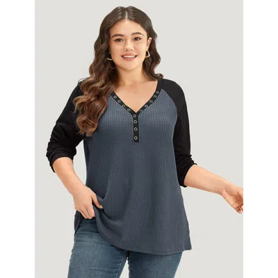 Bloomchic Women's Plus Size Waffle Knit Raglan Sleeve Metal Buckle Detail T-shirt Slategray Casual 10/m In Gray