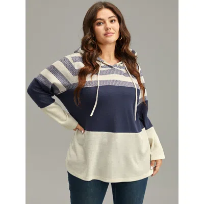 Bloomchic Women's Plus Size Waffle Knit Striped Colorblock Hooded Sweatshirt Indigo Striped Dailywear 12/l In Purple