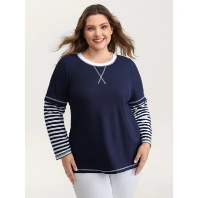 Bloomchic Women's Plus Size Waffle Layered Color Contrast T-shirt Indigo Non Casual Extra Long Sleeve 12/l In Purple