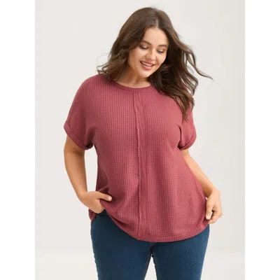 Bloomchic Women's Plus Size Waffle Seamed Front Solid T-shirt Rust Non Casual Short Sleeve 10/m In Brown