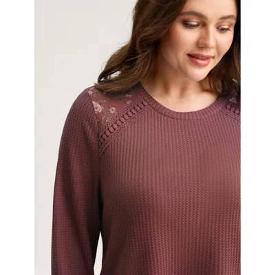 Bloomchic Women's Plus Size Waffle Spliced Floral Lace Sweatshirt Dustypink Casual Round Neck 22-24/3x In Pink