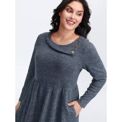 Bloomchic Women's Plus Size Waffle Velvety Feel Asymmetrical Neck Midi Dress Indigo Solid Mini Casual Ruched 1 In Purple