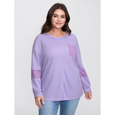 Bloomchic Women's Plus Size Waffle Weave Color Patchwork T-shirt Lilac Synthetic Texture Casual Extra Long Sle In Purple