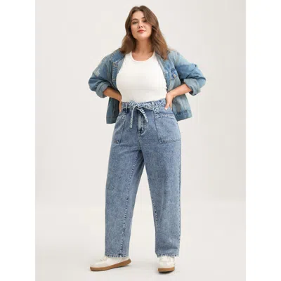 Bloomchic Women's Plus Size Waist Belted Pockets Boyfriend Jeans Midblue Pocket Straight Fit Low Stretch 12/l