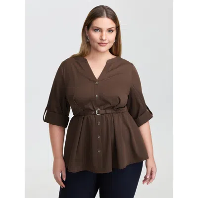 Bloomchic Women's Plus Size Waist Defining Tab Sleeve Blouse Browncoffeecolor Non Office 3/4 Sleeve 10/m