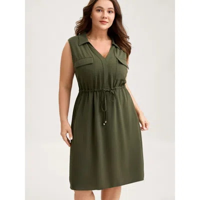 Bloomchic Women's Plus Size Waist Drawstring Pockets Solid Midi Dress Armygreen Non Knee Casual Drawstring 30/