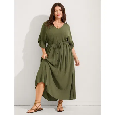 Bloomchic Women's Plus Size Waist-defining Tie Ruffled Sleeve Maxi Dress Armygreen Solid Maxi Vacation Lace-up