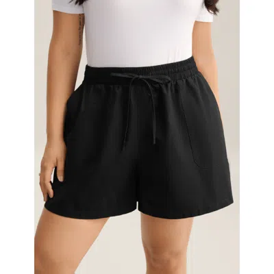 Bloomchic Women's Plus Size Waist-drawstring Wide-leg Shorts Black Casual Straight Fit Drawstring Shorts 10/m