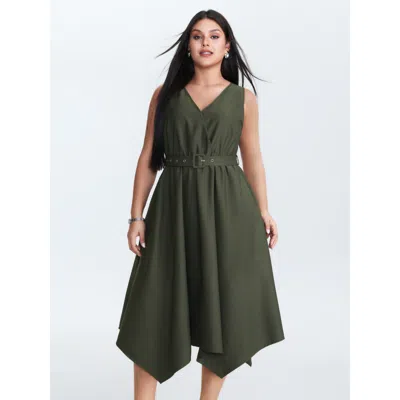 Bloomchic Women's Plus Size Waist-tie Asymmetrical Hem Pockets Midi Dress Armygreen Non Midi Office 30/6x