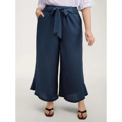 Bloomchic Women's Plus Size Waist-tie Knotted Ruffled Wide-leg Pants Darkblue Non Wide Leg Mid Rise Vacation 1 In Blue