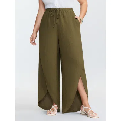Bloomchic Women's Plus Size Waist-tie Slit Cuffs Pants Olive Non Non Adaptive-waist Vacation 10/m In Green