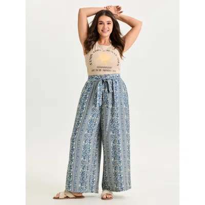 Bloomchic Women's Plus Size Waist-tie Wide-leg Boho Print Pants Darkblue Stripes Wide Leg Mid Rise Vacation 10 In Blue