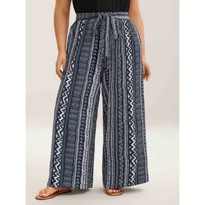 Bloomchic Women's Plus Size Waist-tie Wide-leg Boho Print Pants Indigo Stripes Wide Leg Mid Rise Vacation 18-2 In Purple