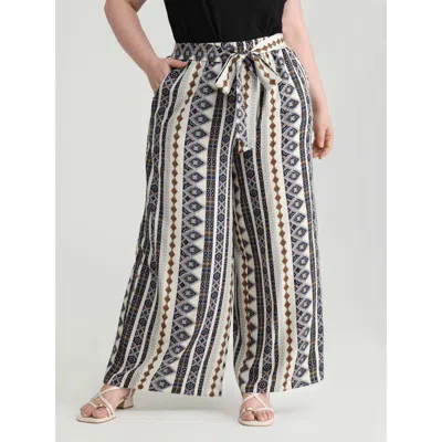 Bloomchic Women's Plus Size Waist-tie Wide-leg Boho Print Pants Ivory Stripes Wide Leg Mid Rise Vacation 22-24 In White