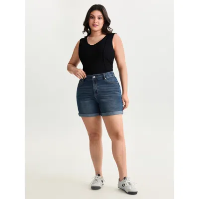Bloomchic Women's Plus Size Wash High Waist Cuffed Hem Denim Shorts Darkindigo Casual 28/5x In Purple