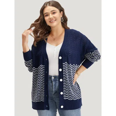 Bloomchic Women's Plus Size Water Ripple Button Fly Elastic Cuffs Cardigan Darkblue Long Sleeve 10/m In Blue