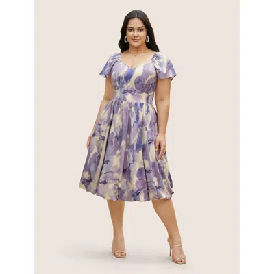 Bloomchic Women's Plus Size Watercolor Floral Bubble Hem Pockets Dress Darkviolet Floral Midi Elegant Ruched 3