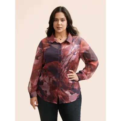 Bloomchic Women's Plus Size Watercolor Floral Mesh Shirt Collar Blouse Russet Floral Everyday Long Sleeve 12/l In Brown