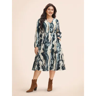 Bloomchic Women's Plus Size Watercolor Floral Overlap Collar Midi Dress Aegean Watercolor Floral Midi Everyday In Blue