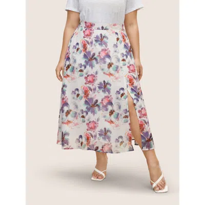 Bloomchic Women's Plus Size Watercolor Floral Print Slit Hem Pocket Skirt Originalwhite Slit Tapered Fit Every