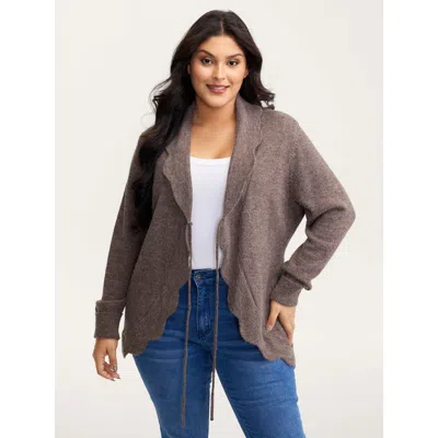 Bloomchic Women's Plus Size Wavy Arc Hem Tie-front Knit Cardigan Browncoffeecolor Long Sleeve 12/l