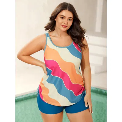 Bloomchic Women's Plus Size Wavy Color Block Side Drawstring Swim Top Skyblue Ripple Sleeveless Colorblock Bus In Blue