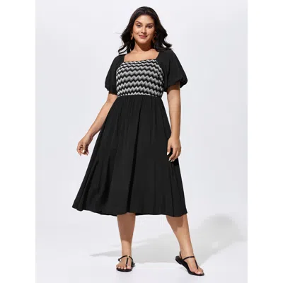 Bloomchic Women's Plus Size Wavy Color Contrast Square Neckline Midi Dress Black Stripes Maxi Vacation Patchwo