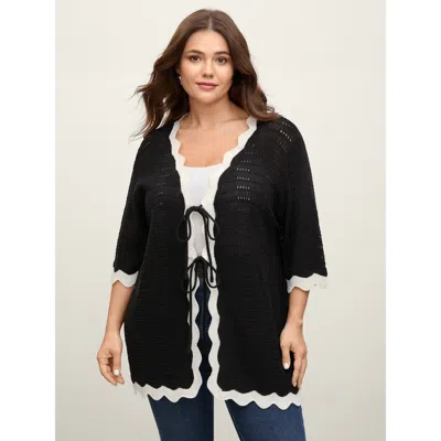 Bloomchic Women's Plus Size Wavy Edge Color Contrast Tied Lightweight Cardigan Black Half Sleeve 12/l
