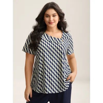 Bloomchic Women's Plus Size Wavy Print Asymmetrical Neckline Blouse Indigo Geometric Office Short Sleeve Asymm In Purple