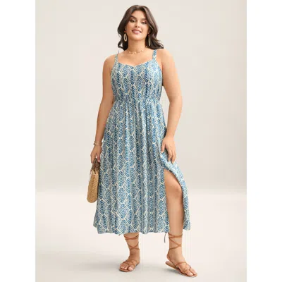 Bloomchic Women's Plus Size Wavy Print Cami Flowy Maxi Dress Mediumblue Ethnic Floral Midi Vacation Smocked 30