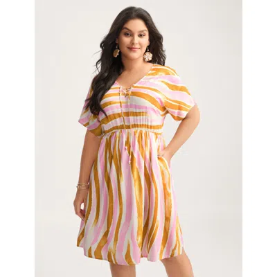 Bloomchic Women's Plus Size Wavy Stripes Neck Tie Tiered Midi Dress Peach Stripes Midi Vacation 28/5x In Orange