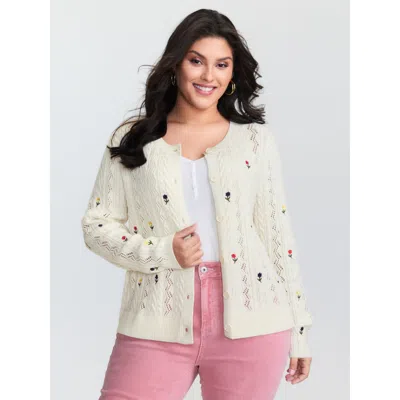 Bloomchic Women's Plus Size Wavy Textured Button Knit Cardigan Ivory Long Sleeve 10/m In White