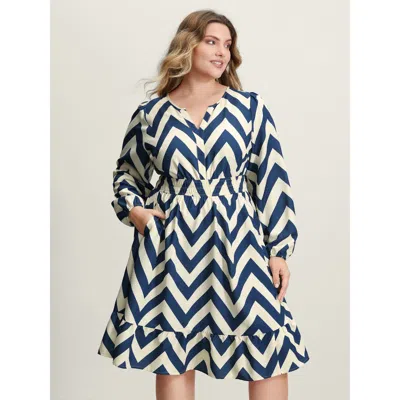 Bloomchic Women's Plus Size Wavy Textured Stretchy Waist Midi Dress Navy Stripes Knee Office Shirred 10/m In Blue