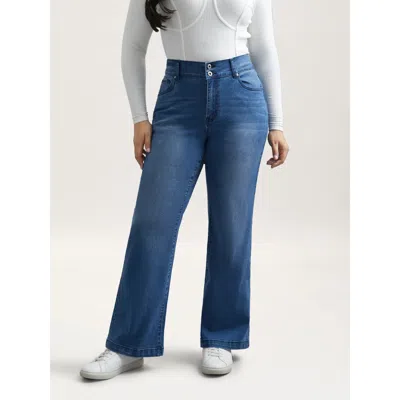 Bloomchic Women's Plus Size Whiskered Stretchy Waist Bootcut Jeans Midblue Button Slight Flare Medium Stretch 