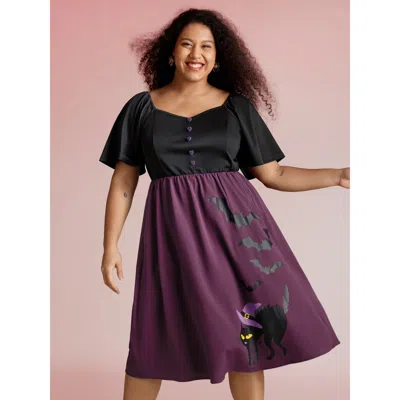 Bloomchic Women's Plus Size Wicked Halloween Print Contrast Button Midi Dress Deeppurple Non Midi Elegant Gath