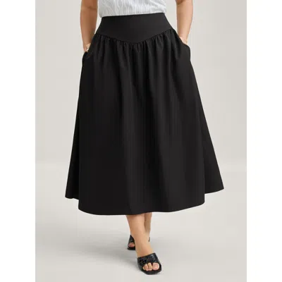 Bloomchic Women's Plus Size Wide Cinched-waist Solid Midi Skirt Black Ruched A-line Elegant 12/l